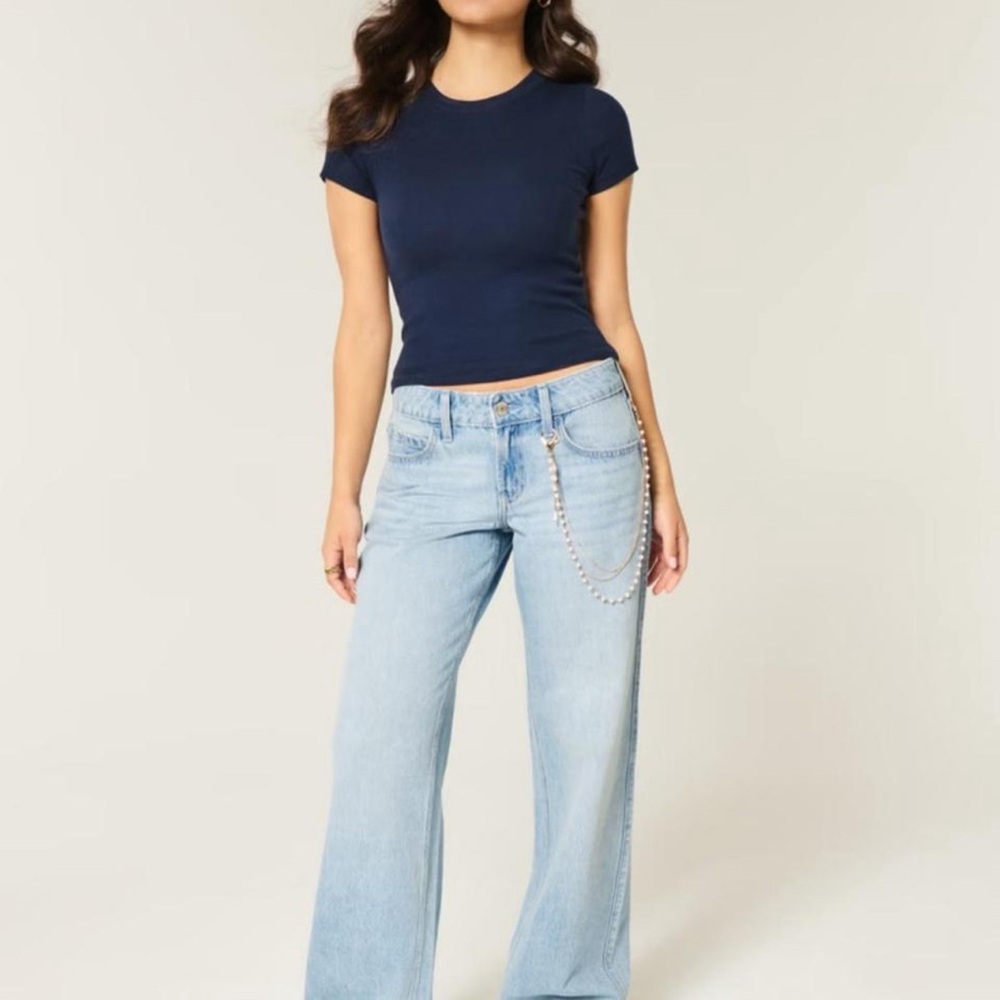 Hollister Low-Rise Light Wash Foldover Waist Baggy Jeans